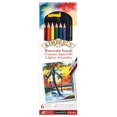 Kimberly Watercolor Pencil Set, 6 Primary Colors + All-Art Sharpener & Paint Brush